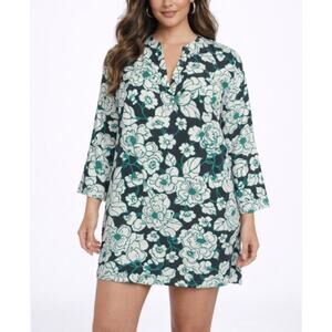 Lands End Tunic Dress Womens L Green Floral Split Kawaii Beach Swim Cover Up